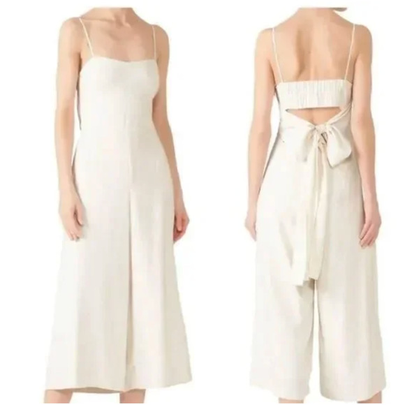 Club Monaco Pants - Club Monaco Cream Natural Linen Viscose Wide Leg Jumpsuit with Waist Tie